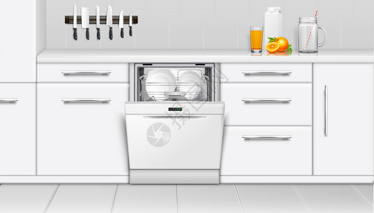 洗碗机厨房内部写实构图与室内风景家具厨具洗碗机与打开盖子矢量插图图片