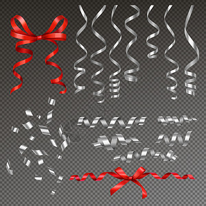 银色卷曲丝带的蛇形写实与红色白色丝带图像透明的背景矢量插图图片