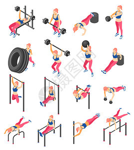 强化功能健身训练等距图标与后蹲举重杆练孤立矢量插图图片