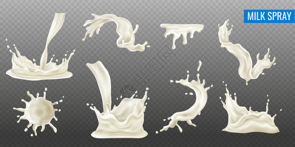 牛奶飞溅矢量牛奶飞溅喷雾真实透明隔离矢量插图插画