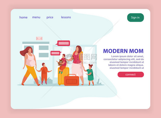 母亲平板登陆页与现代母亲孩子旅行矢量插图图片