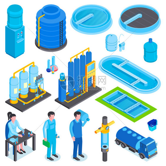 等距净水技术集工业机器储罐的孤立图像人物矢量插图图片