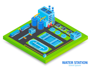 等距净水技术与文本视图的水加工厂站与厂房矢量插图背景图片