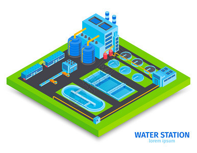 等距净水技术与文本视图的水加工厂站与厂房矢量插图图片