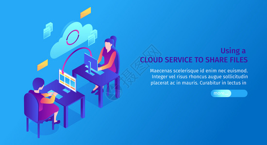 等距云服务水平横幅与人电脑桌文件共享象形文字与文本矢量插图背景图片