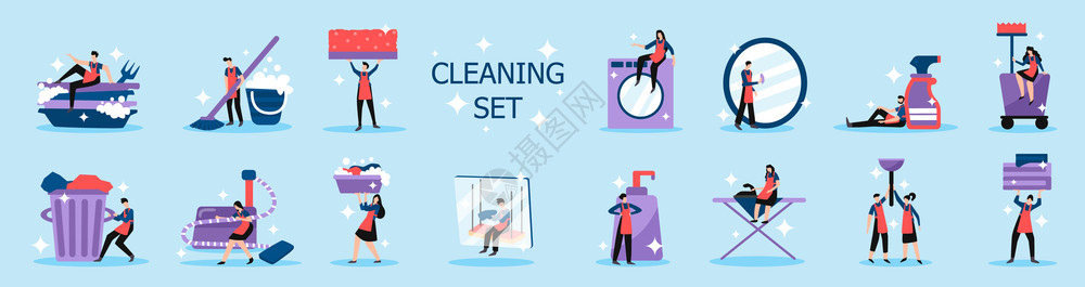 家务专业家居工业清洁服务人员工具平图标背景孤立矢量插图图片