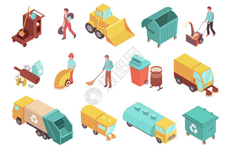 彩色等距图标与清洁工垃圾扫地汽车垃圾容器工具清洁街道三维孤立矢量插图图片