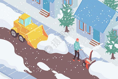 除雪车辆男子清理道路前的房子三维等距矢量插图图片