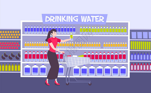 储存饮用水平成与室内查看超市冰箱柜与瓶水矢量插图图片