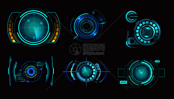 黑色背景矢量插图上隔离的HUD用户界雷达集仿真飞船高科技目标屏幕元素图片