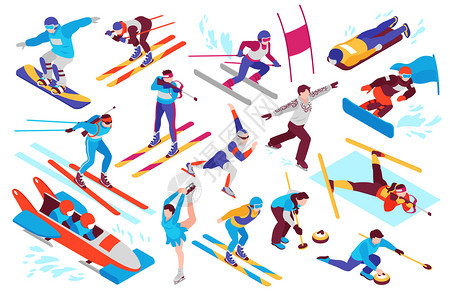 冬季运动等距滑雪板高山滑雪双项花样滑冰雪橇孤立矢量插图背景图片