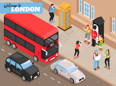欢迎来伦敦等距海报与复古运输游客拍摄旁边的皇家护卫箱等距矢量插图欢迎来伦敦等距背景图片