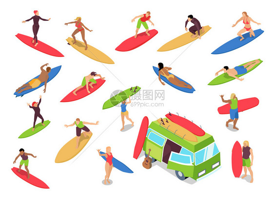 冲浪等距图标与女骑手下降膝盖技术初学者露营巴士冲浪板孤立矢量插图冲浪等距装置图片