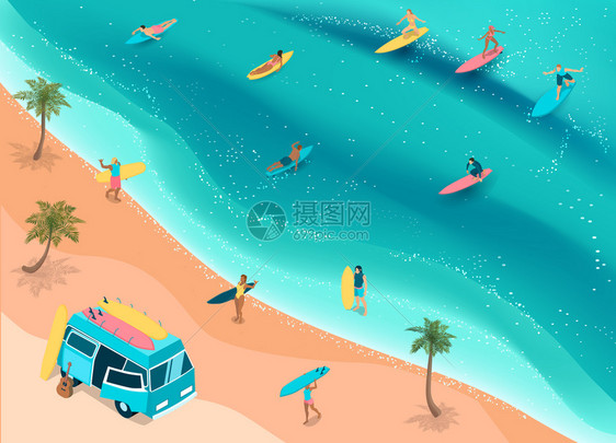 流行的冲浪热带海滩与露营巴士冲浪板棕榈骑手海浪等距构图矢量插图冲浪等距构图图片