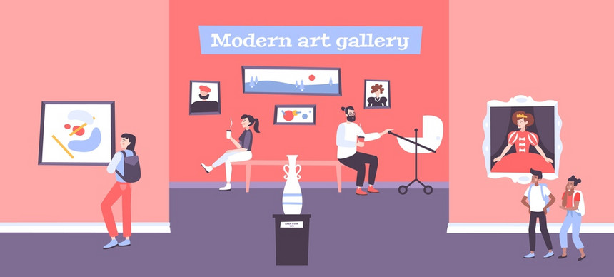 视觉艺术背景与现代美术馆平矢量插图视觉艺术背景图片