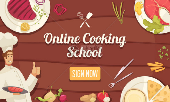 厨师线学校海报与烹饪车间符号平矢量插图厨师学校海报图片