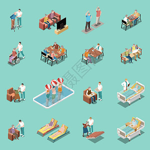 养老院等距工作人员监测患者老人参与同活动的孤立向量插图图片