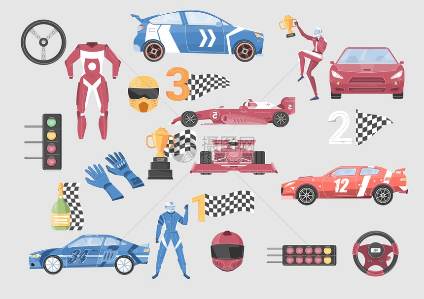 平彩色图标与赛车,赛车其他元素隔离灰色背景矢量插图赛车平套图片
