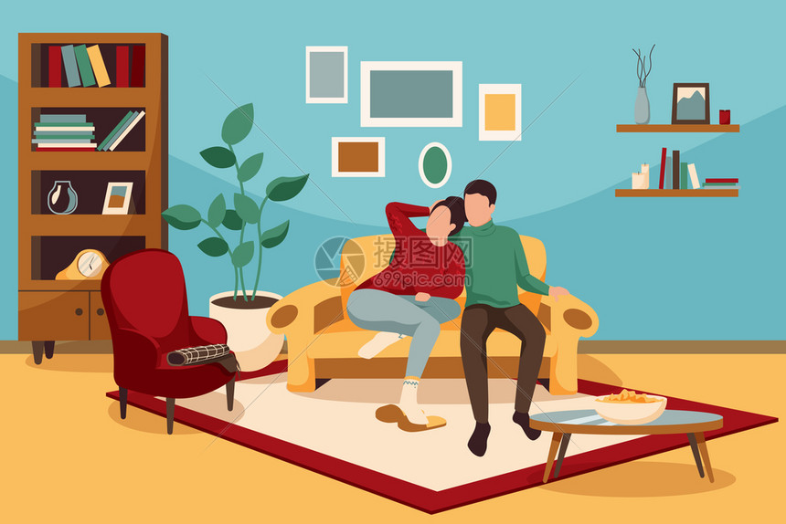 舒适的冬季平构图与家庭风景的客厅家具情侣矢量插图甜蜜的家冬天的作文图片