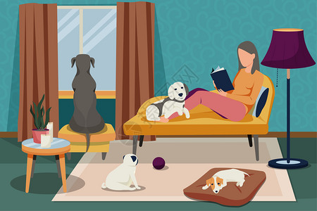 人们用狗的平构图与室内构图女人书籍包围她的宠物矢量插图图片