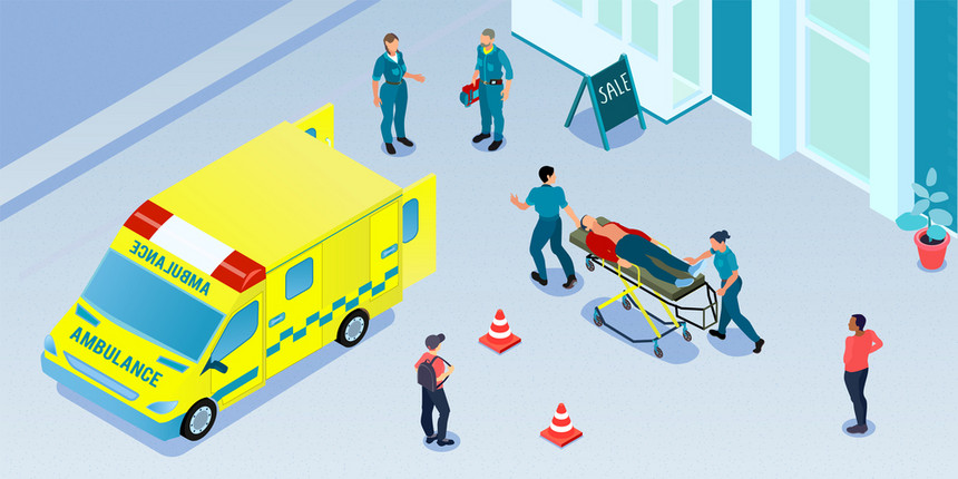 医生提供急救,并将受伤的人运送救护车,3D等距矢量插图图片