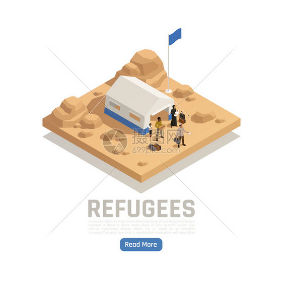 无国籍难民庇护等距海报与帐篷的接待营地人类人物矢量插图图片