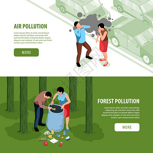 两个水平等距环境污染横幅与按钮文本图像与人类字符矢量插图图片