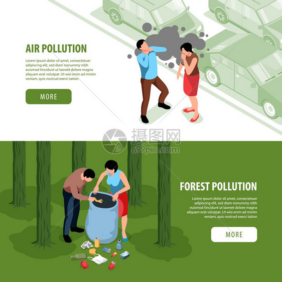 两个水平等距环境污染横幅与按钮文本图像与人类字符矢量插图图片