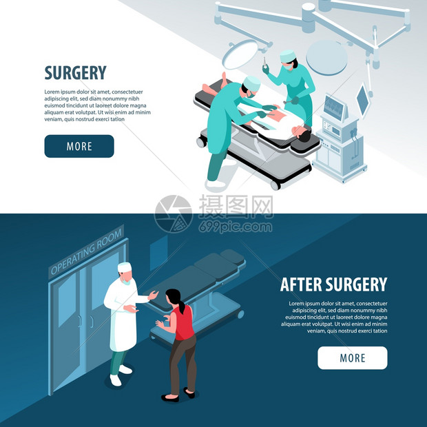 等距外科医生水平横幅收集与图像的咨询外科手术文本可点击按钮矢量插图图片