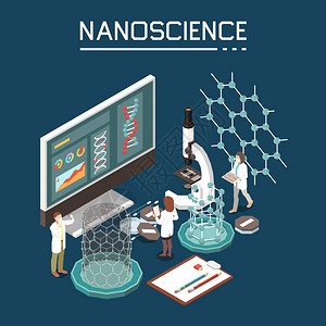 纳米科学研究创新纳米技术成与机电子纳米结构计算机监视器等距图像矢量插图图片