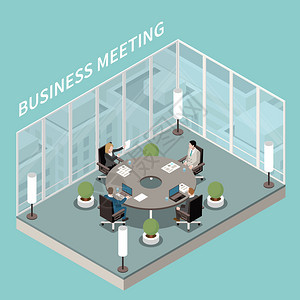公司商务办公室会议室内部等距成与圆桌讨论璃墙矢量插图图片