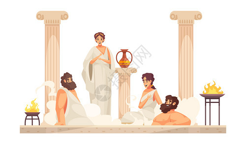 古罗马人穿着白色长袍坐热浴卡通矢量插图图片
