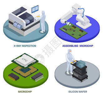半导体芯片生产等距集四个圆形合物与文本工人操作装配阶段矢量插图背景图片