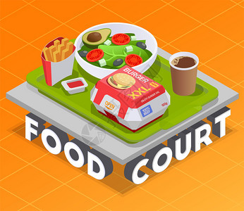 食品法庭等距成与服务拼盘站3D文本与包装膳食饮料矢量插图图片