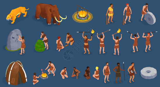 洞穴人史前原始人人类人物,配备了皮克斯野生动物篝火矢量插图原始人等距集背景图片