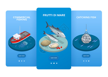 三个垂直鱼业海鲜生产等距横幅与可点击按钮文本图像矢量插图图片