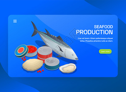 鱼业海鲜生产等距水平横幅与包装产品的图像,可编辑文本按钮矢量插图图片