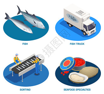 海鲜工厂鱼业海鲜生产等距套圆形合物与鱼类送货卡车现成产品矢量插图插画