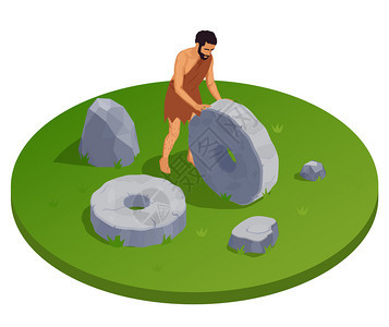 穴居人史前原始人的圆形等距构图与古代人类的格,由石头矢量插图制成的轮图片