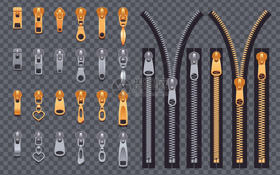 拉链现实的套银黄金滑动紧固件元素透明的背景与滑块矢量插图图片