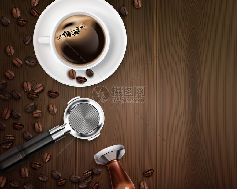 逼真的背景与咖啡师设备杯咖啡木制桌子矢量插图图片