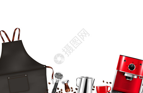 咖啡师设备与围裙咖啡机豆子篡改锅白色背景现实矢量插图图片