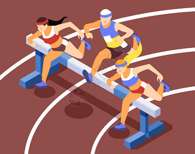 运动田径比赛等距背景作文与短跑运动员跨栏跳跃障碍矢量插图图片