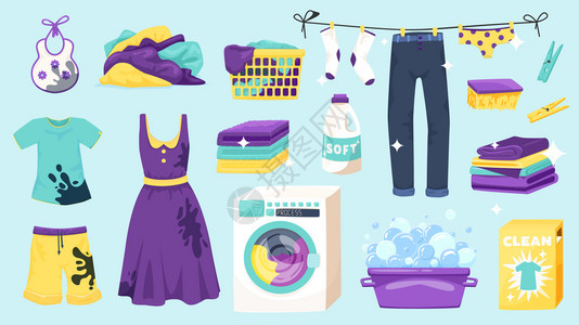 洗衣的孤立图标五颜六色的商品图像与悬挂干燥衣服洗衣机矢量插图图片