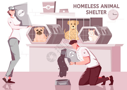 无家可归的动物帮助平作文与宠物笼子工人志愿者制服与文本矢量插图图片