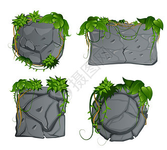 灰色石材装饰花园元素与热带雨林叶片4卡通标志矢量插图图片