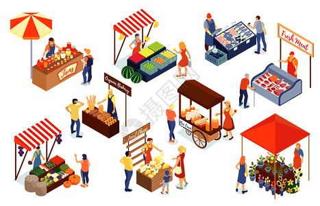 供应商出售肉类,鱼,蔬菜,奶酪,花,蜂蜜果酱包农场市场,3D等距矢量插图图片
