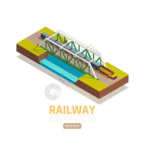 列车火车站等距背景与可编辑文本读取更多按钮列车河桥矢量插图图片