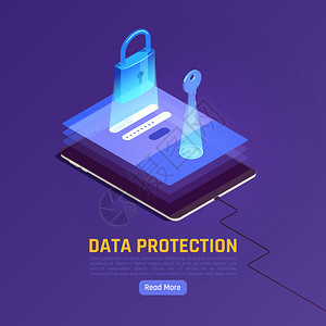 隐私数据保护GDPR等距背景与小工具屏幕与钥匙锁定矢量插图图片