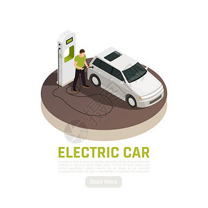 绿色能源生态等距背景与电动汽车充电站可编辑文本阅读更多按钮矢量插图图片